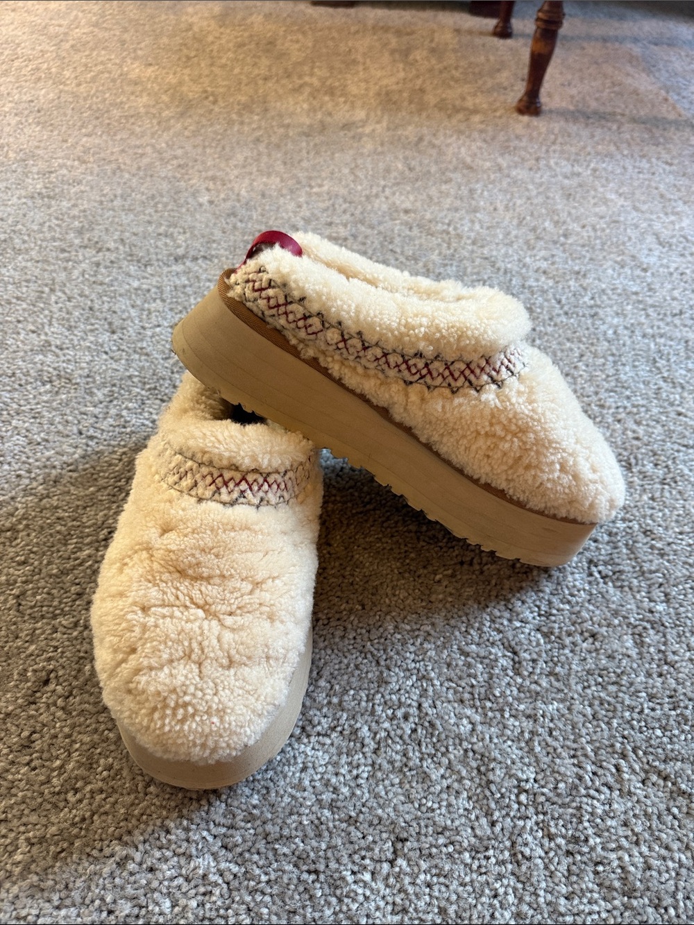 UGG Cream Shearling Platform Clog Mules with Pink Accent